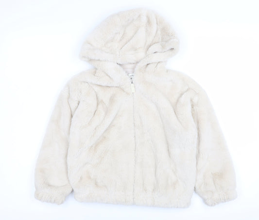 F&F Girls Beige Faux Fur Hooded Zip Jacket 7-8 Years