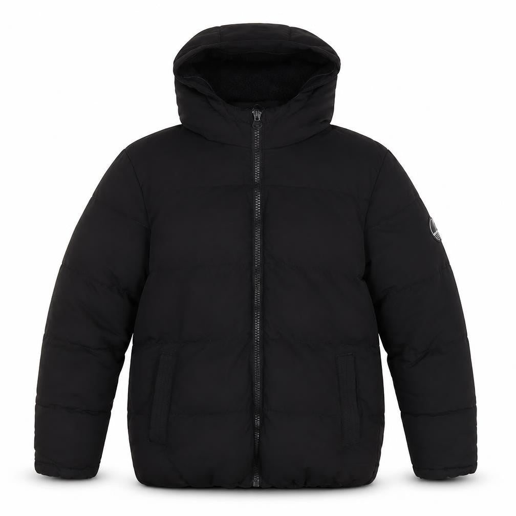 Front view of SoulCal boys’ black xs puffer jacket hooded winter coat