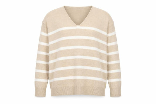 Front view of Papaya Women Beige Striped V-Neck Knit Jumper, size M