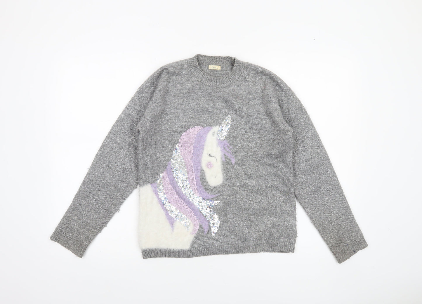 Next Girls Grey Unicorn Sequin Pullover Jumper 11 Years Acrylic Blend