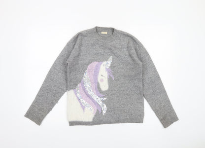 Next Girls Grey Unicorn Sequin Pullover Jumper 11 Years Acrylic Blend