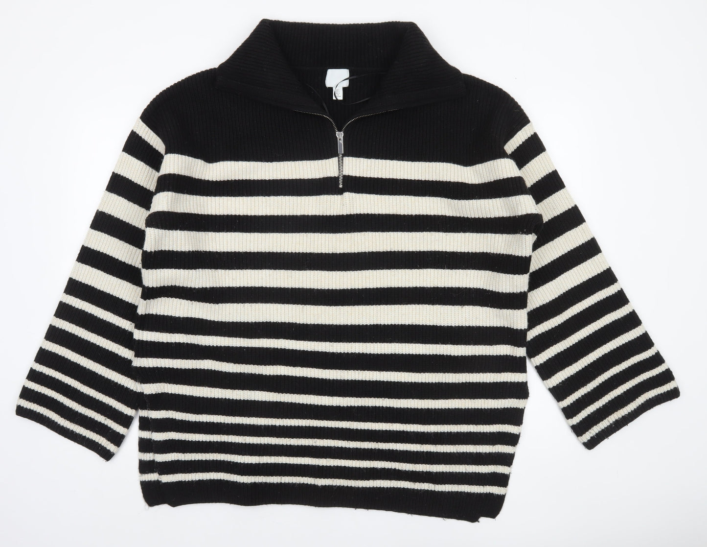 H&M Women’s Black Striped High Neck 1/4 Zip Knit Jumper Size L