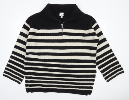 H&M Women’s Black Striped High Neck 1/4 Zip Knit Jumper Size L