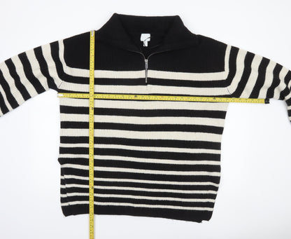 H&M Women’s Black Striped High Neck 1/4 Zip Knit Jumper Size L