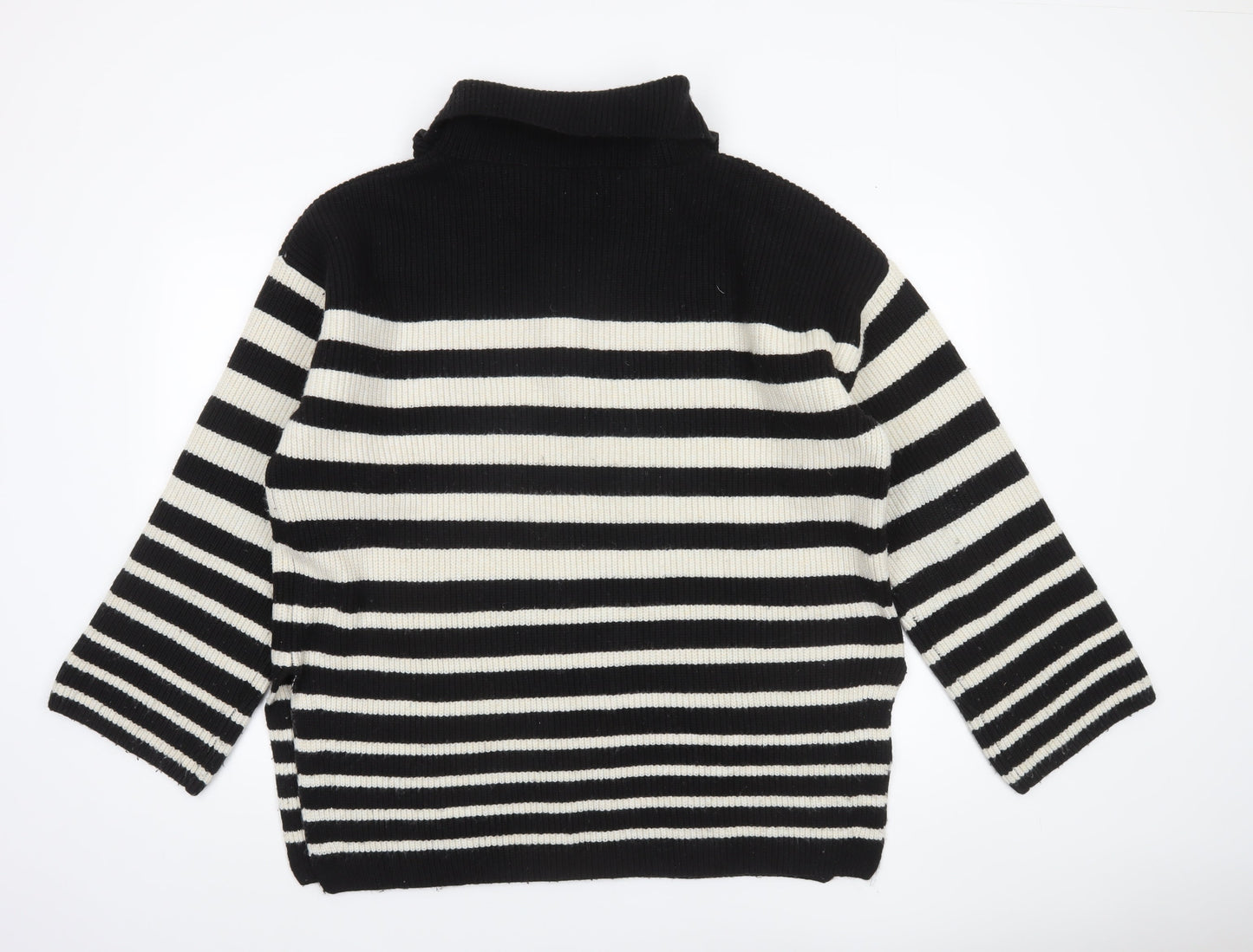 H&M Women’s Black Striped High Neck 1/4 Zip Knit Jumper Size L