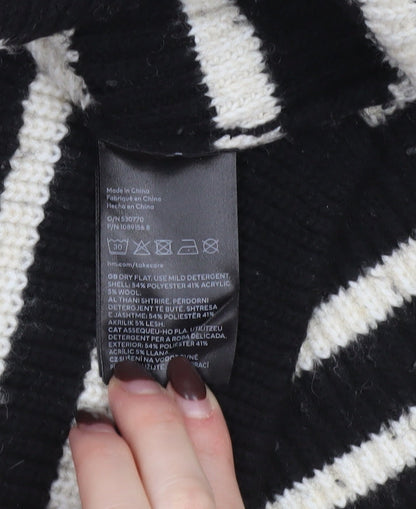 H&M Women’s Black Striped High Neck 1/4 Zip Knit Jumper Size L