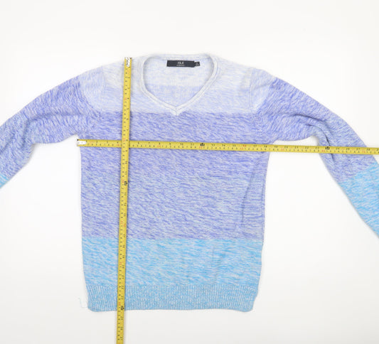 Isle Essentials Women Blue V-Neck Cotton Knit Jumper Size S 10-12