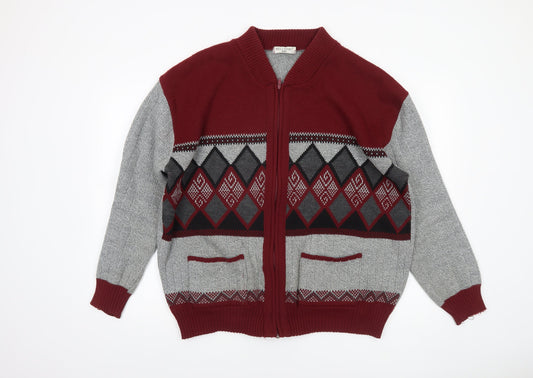 Bellisimo Men’s Grey & Burgundy Argyle Full Zip Acrylic Jumper 2XL