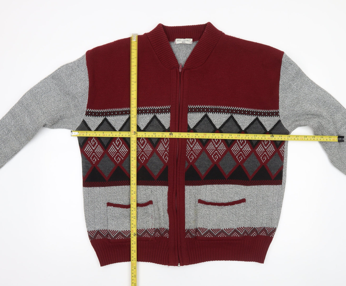 Bellisimo Men’s Grey & Burgundy Argyle Full Zip Acrylic Jumper 2XL