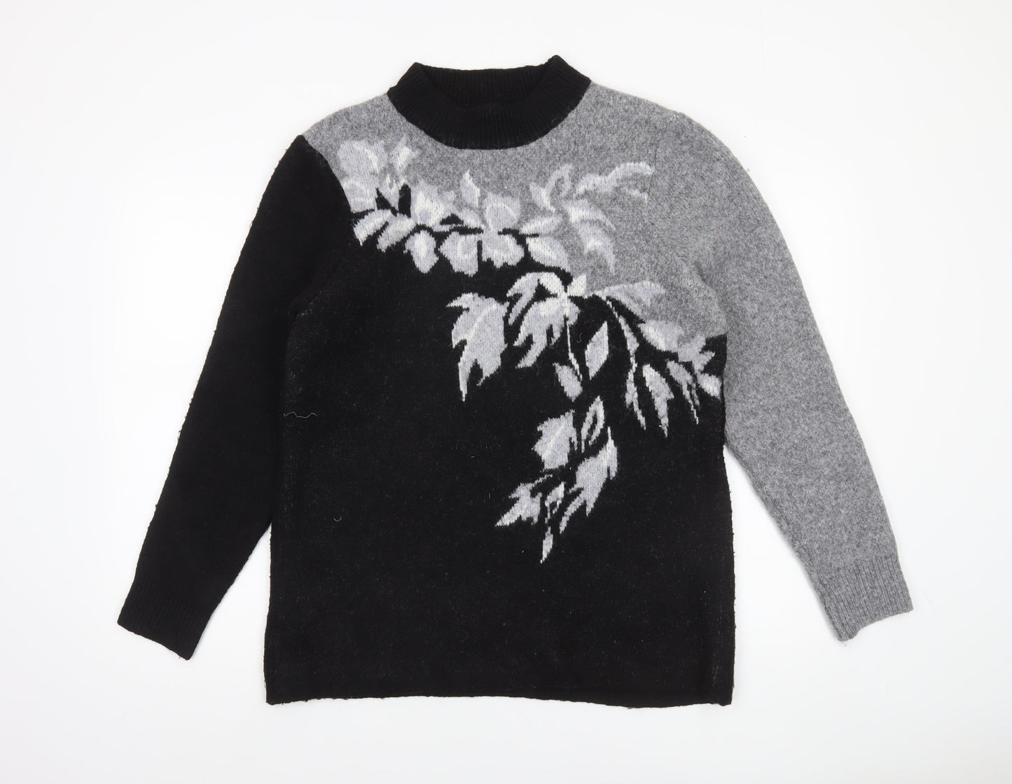 Klass Womens Black Grey Floral Wool Blend High Neck Jumper Size M