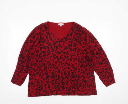 CC Women’s Red Leopard Print V-Neck Knit Jumper XL