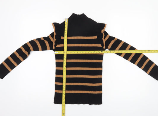 F&F Women’s Black & Tan Striped Mock Neck Ruffle Jumper Size 8