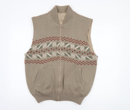 Gabicci Men's Beige Wool Blend Geometric Full Zip Vest XL