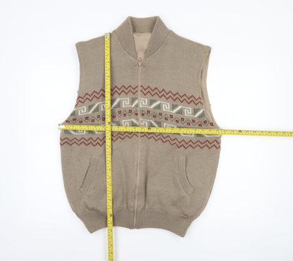 Gabicci Men's Beige Wool Blend Geometric Full Zip Vest XL