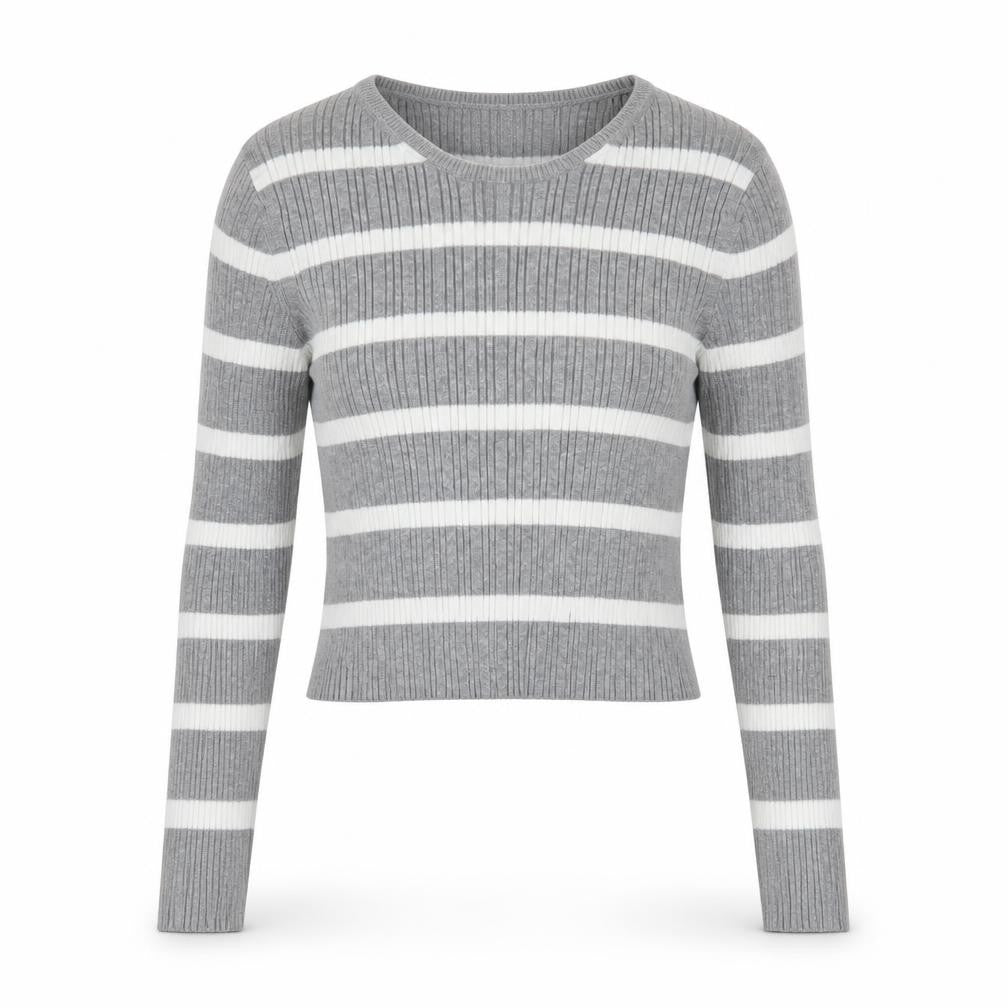 Front view of ASOS DESIGN Women’s Grey Striped Crew Neck Knit Jumper, size M, 12-14