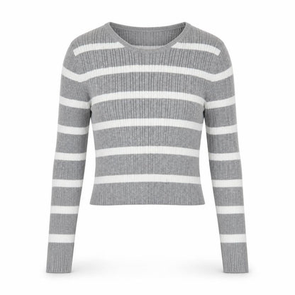 Front view of ASOS DESIGN Women’s Grey Striped Crew Neck Knit Jumper, size M, 12-14