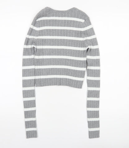 ASOS DESIGN Women’s Grey Striped Crew Neck Knit Jumper Size M 12-14