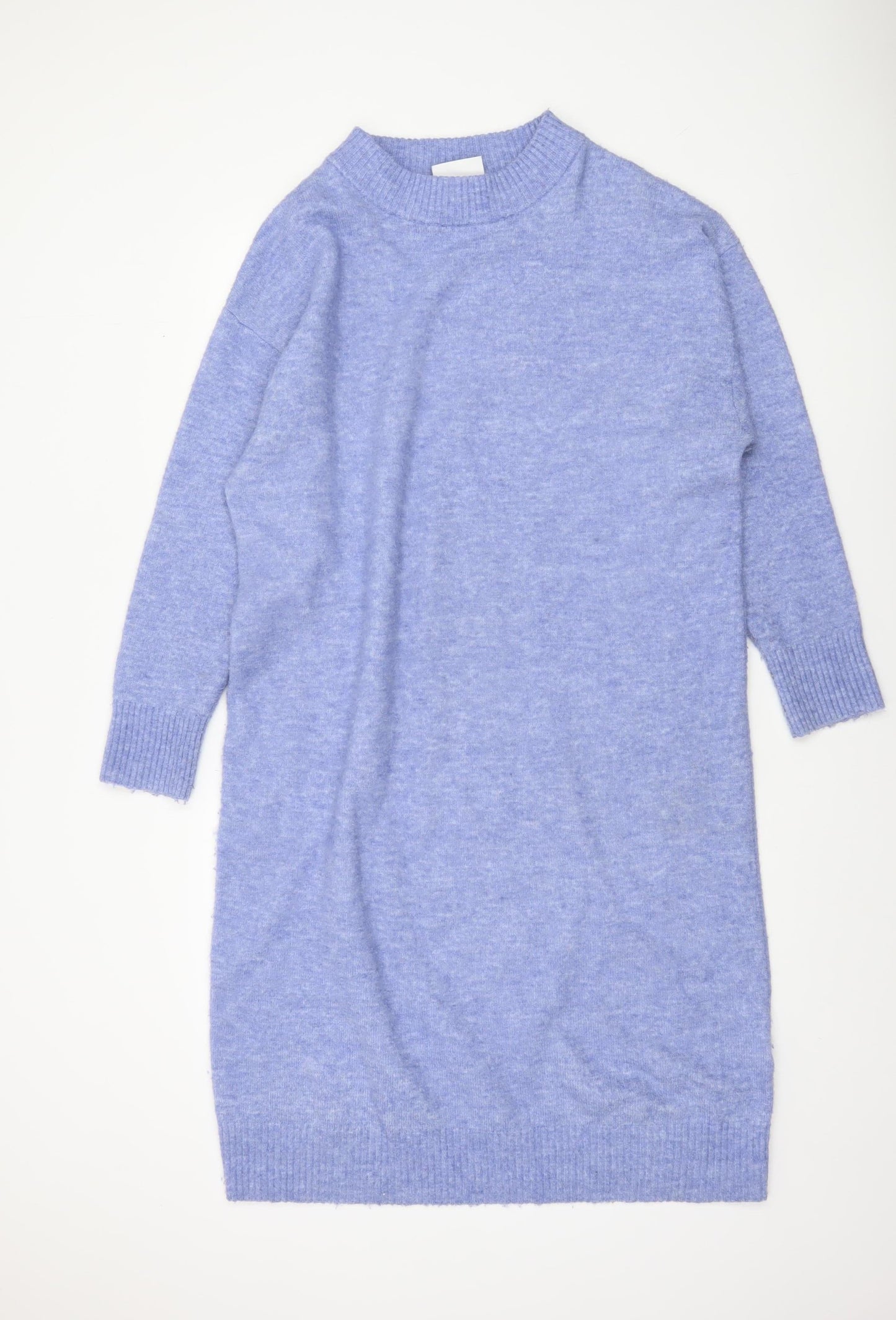 Monki Womens Blue Knit Jumper Dress XS High Neck 3/4 Sleeve Casual