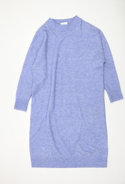 Monki Womens Blue Knit Jumper Dress XS High Neck 3/4 Sleeve Casual