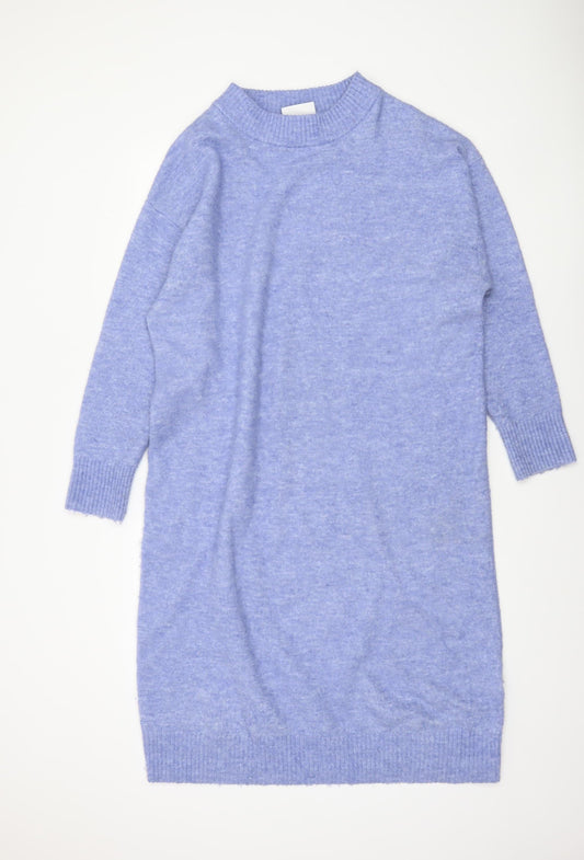Monki Womens Blue Knit Jumper Dress XS High Neck 3/4 Sleeve Casual