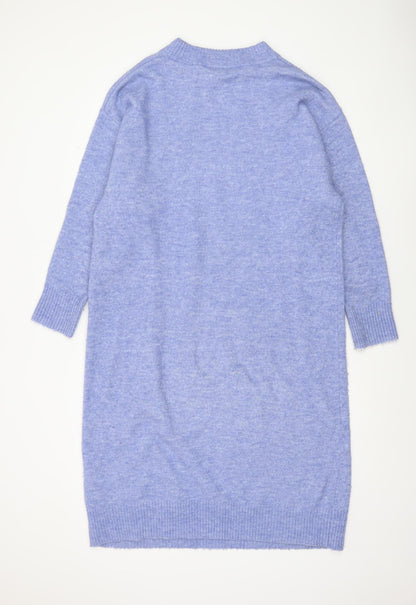 Monki Womens Blue Knit Jumper Dress XS High Neck 3/4 Sleeve Casual