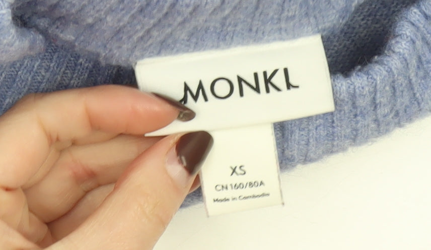 Monki Womens Blue Knit Jumper Dress XS High Neck 3/4 Sleeve Casual