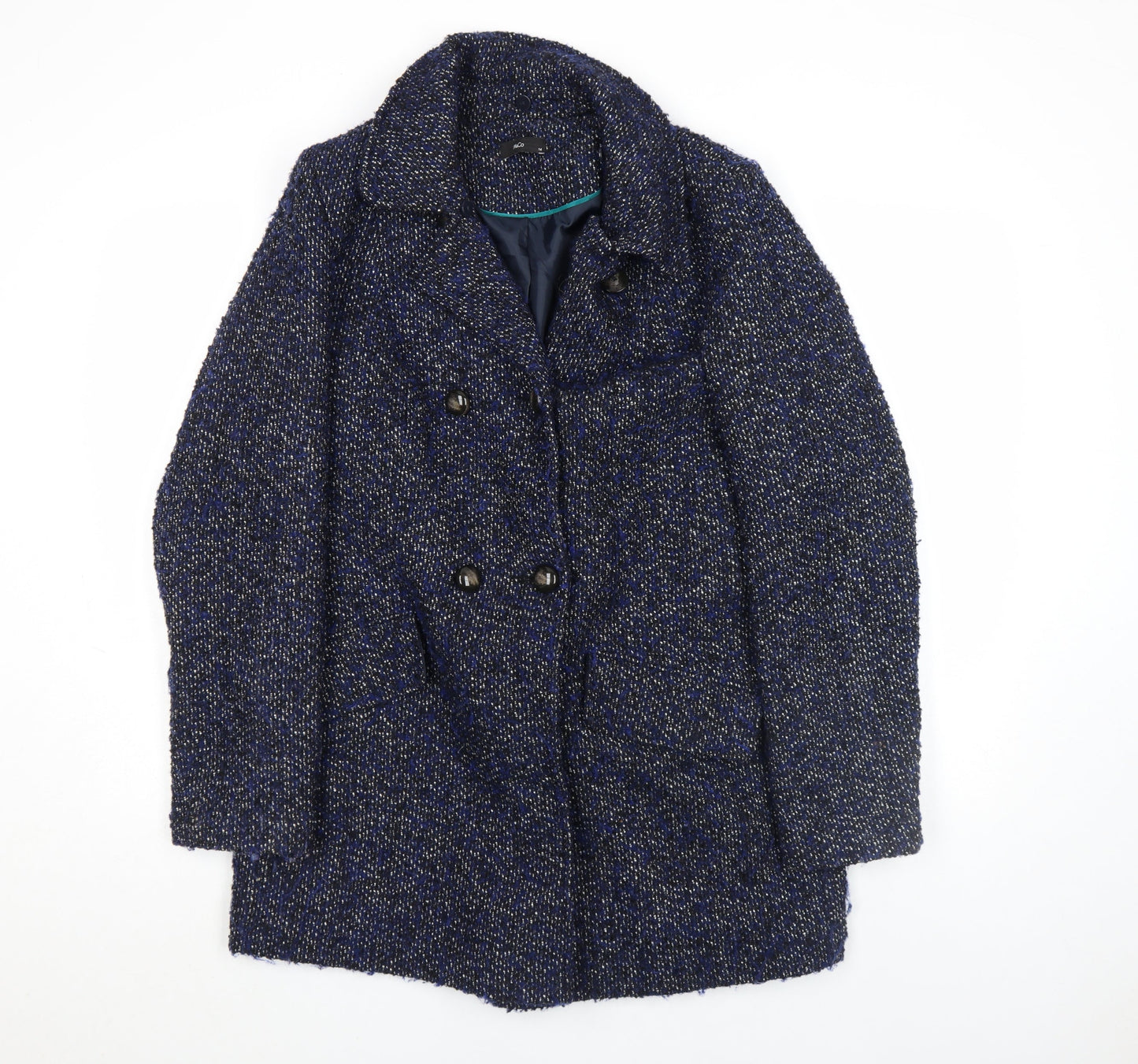 M&Co Women Blue Tweed Mid-Length Pea Coat Size 14 Wool Blend