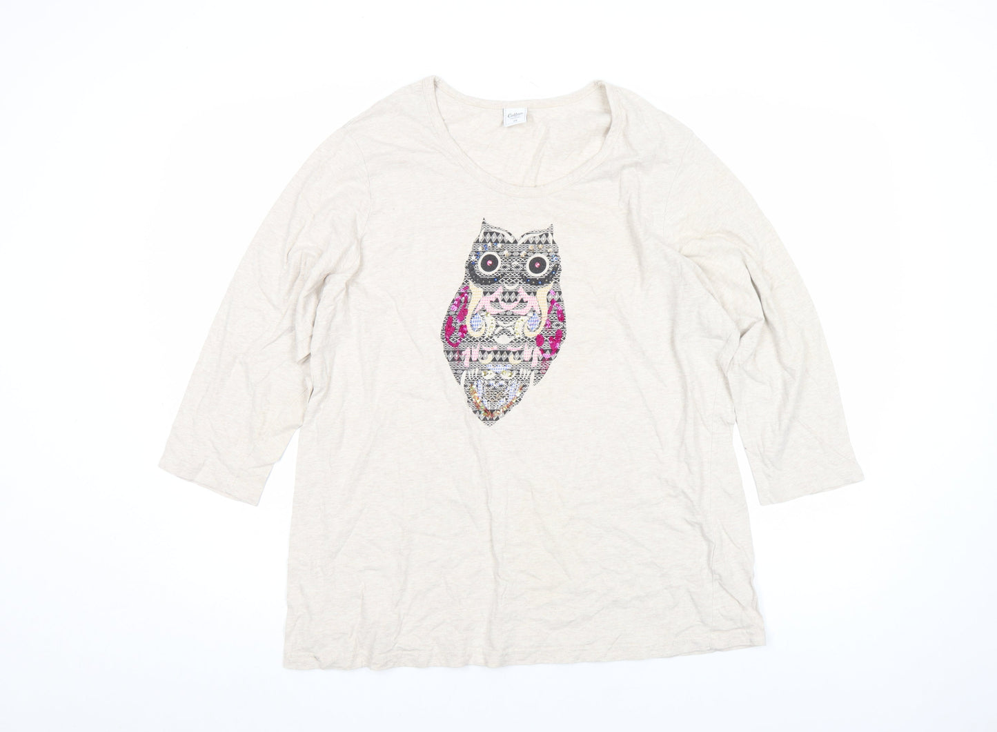 Cotton Traders Women’s Beige Owl Sequin 3/4 Sleeve Cotton T-Shirt Size 24