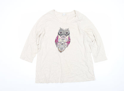 Cotton Traders Women’s Beige Owl Sequin 3/4 Sleeve Cotton T-Shirt Size 24