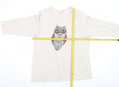 Cotton Traders Women’s Beige Owl Sequin 3/4 Sleeve Cotton T-Shirt Size 24
