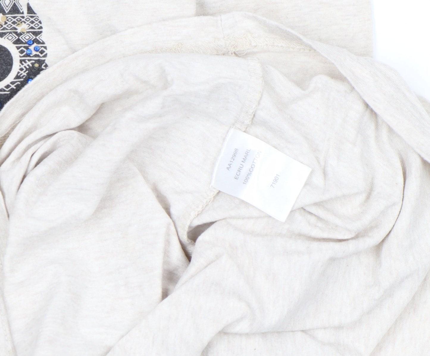 Cotton Traders Women’s Beige Owl Sequin 3/4 Sleeve Cotton T-Shirt Size 24