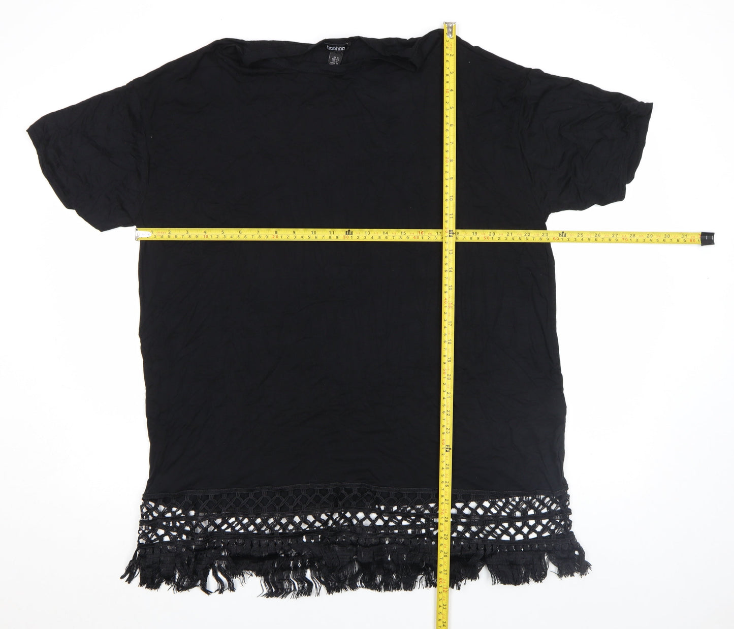 Boohoo Womens Black Crochet Fringe Tunic Top Size 16