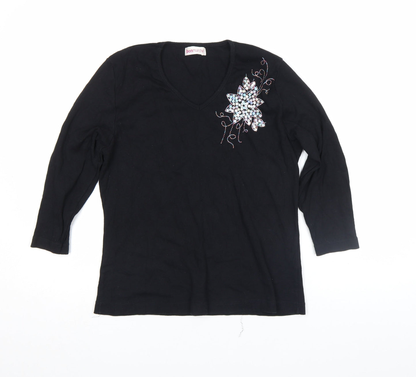 Bonmarché Women's Black Long Sleeve Beaded V-Neck Cotton Top Size L