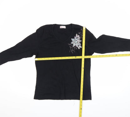 Bonmarché Women's Black Long Sleeve Beaded V-Neck Cotton Top Size L