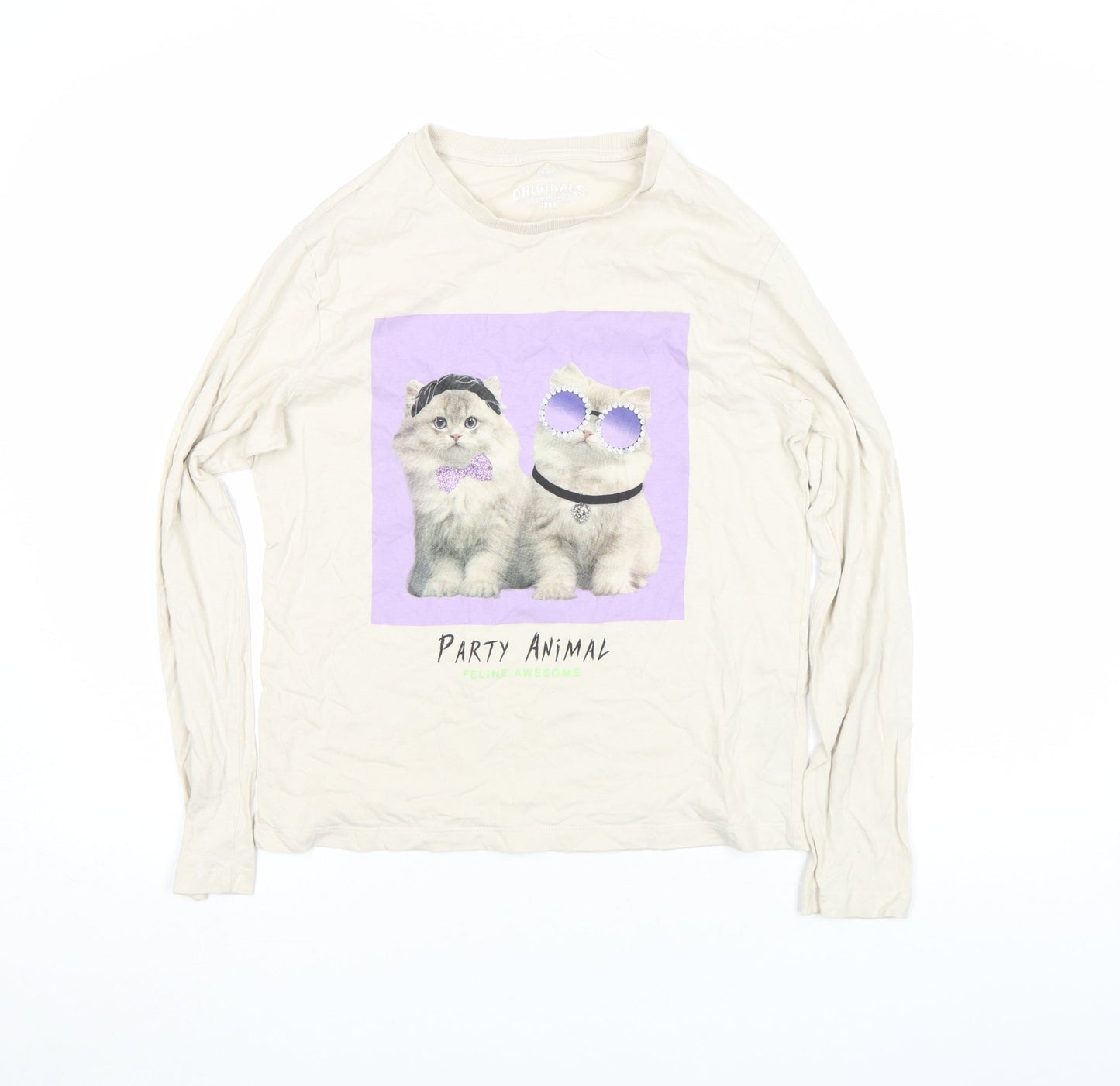 Marks and Spencer Girls Beige Cat Graphic Long Sleeve T-Shirt 13-14 Years