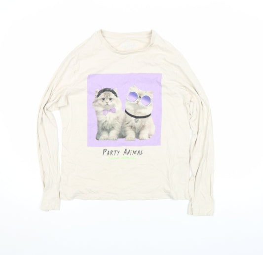 Marks and Spencer Girls Beige Cat Graphic Long Sleeve T-Shirt 13-14 Years