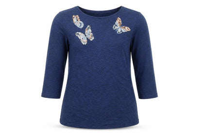Tu Women’s Blue Sequin Butterfly 3/4 Sleeve Top Size 10