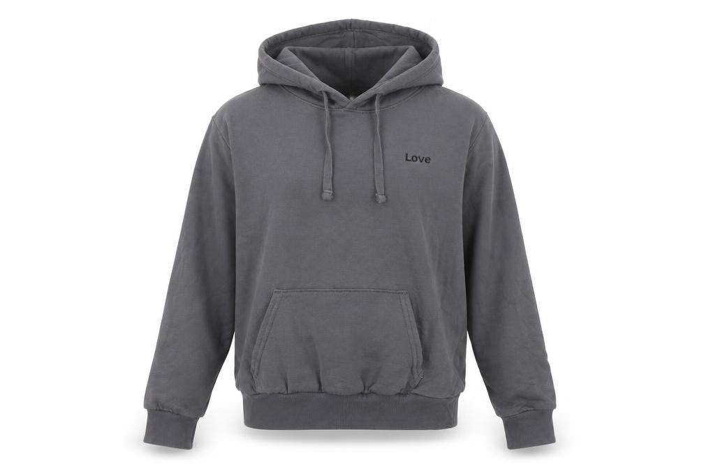 Front view of H&M girls’ grey love hoodie, size S, pullover cotton blend sweatshirt