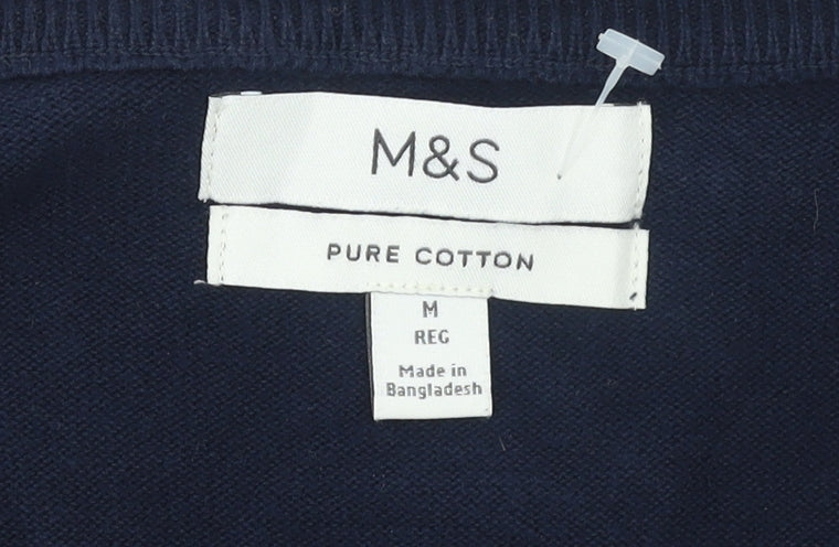 Marks and Spencer Men's Blue V-Neck Cotton Jumper M Regular Fit