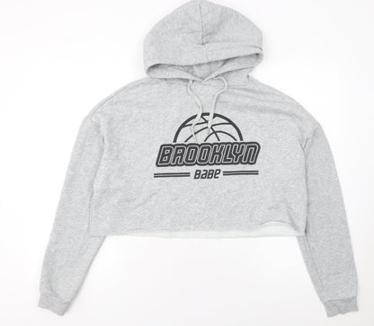 H&M Women Grey Brooklyn Babe Cropped Hoodie Size 12 Cotton Blend