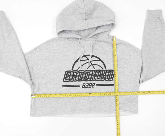 H&M Women Grey Brooklyn Babe Cropped Hoodie Size 12 Cotton Blend