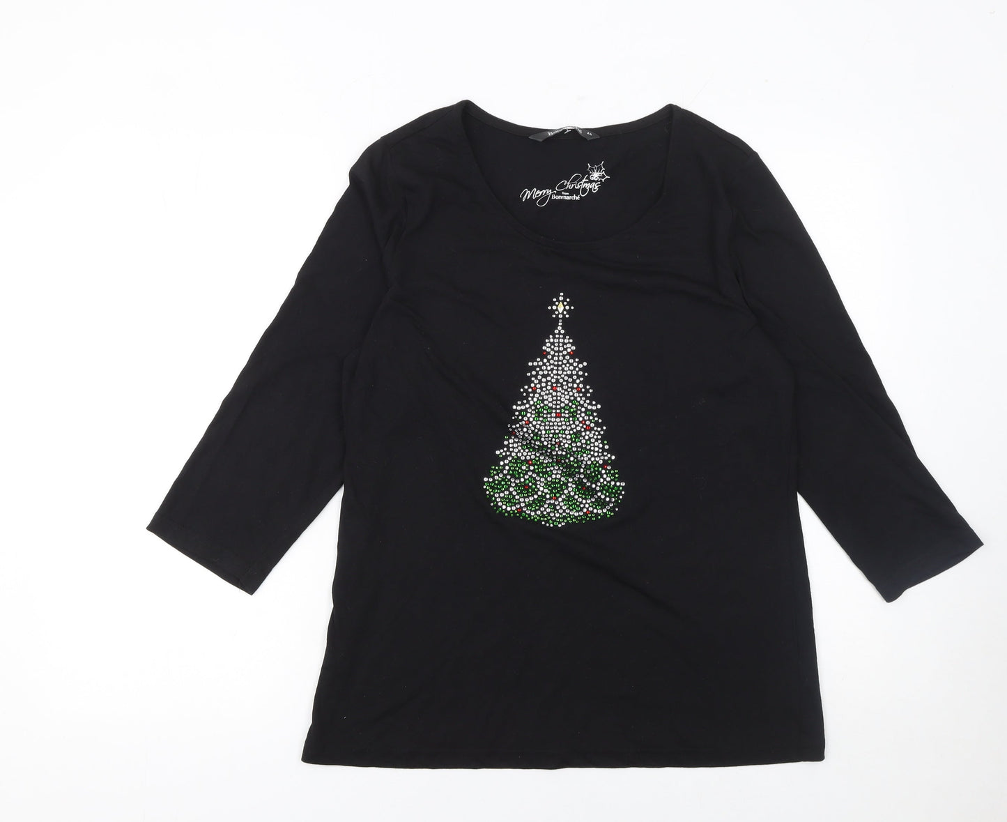 Bonmarché Womens Black Rhinestone Christmas Tree T-Shirt Size 14