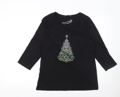 Bonmarché Womens Black Rhinestone Christmas Tree T-Shirt Size 14