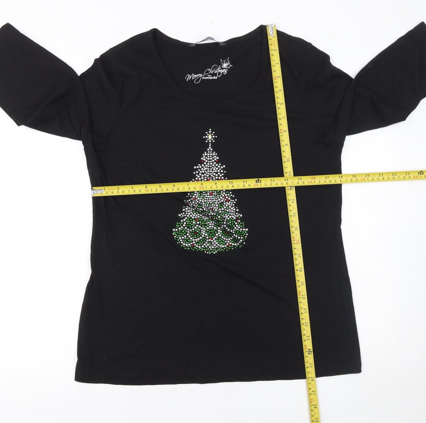 Bonmarché Womens Black Rhinestone Christmas Tree T-Shirt Size 14