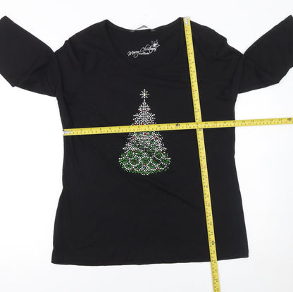 Bonmarché Womens Black Rhinestone Christmas Tree T-Shirt Size 14