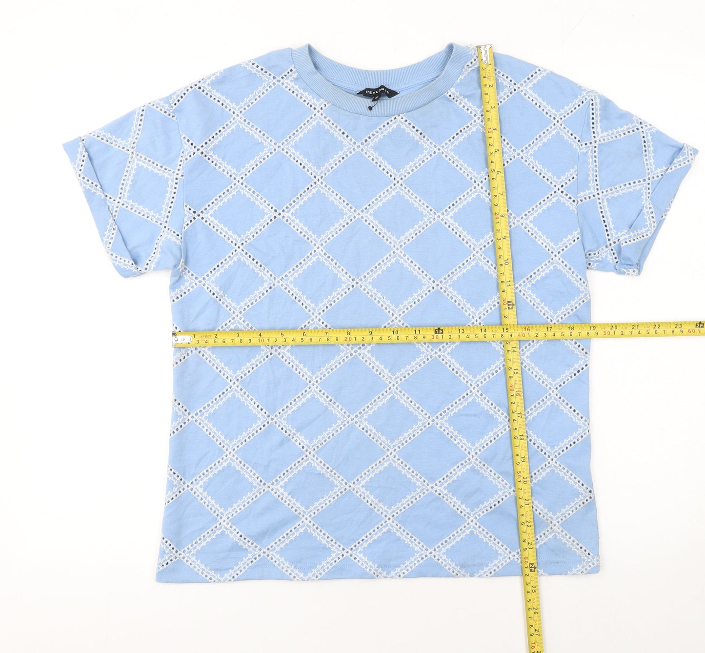 Peacocks Women Blue Embroidered Geometric Short Sleeve T-Shirt UK 10