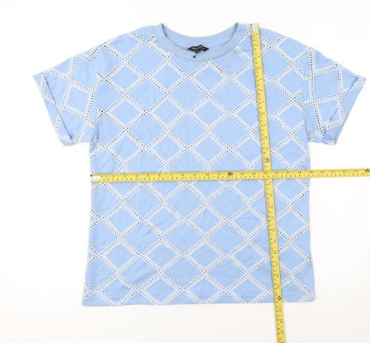 Peacocks Women Blue Embroidered Geometric Short Sleeve T-Shirt UK 10