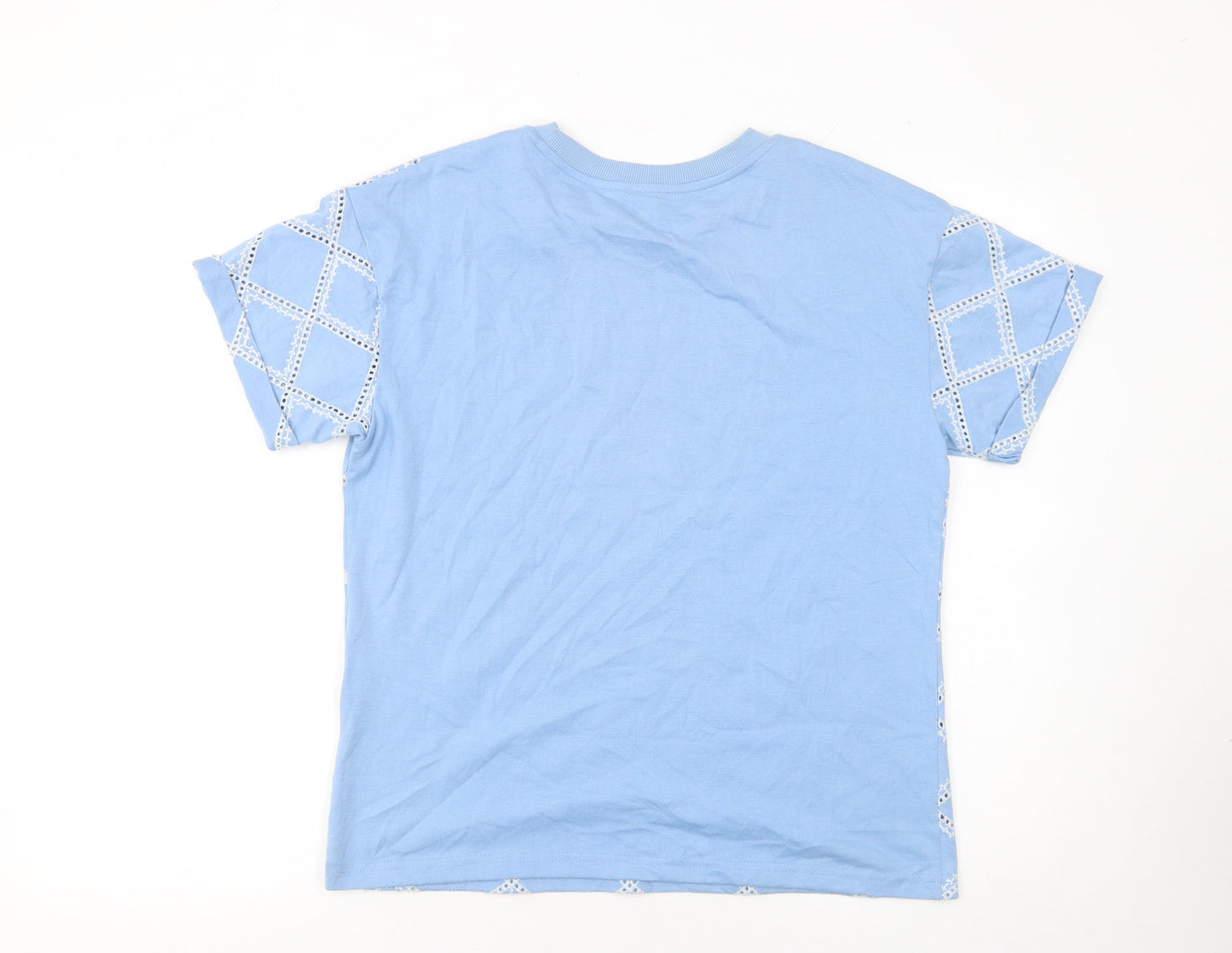 Peacocks Women Blue Embroidered Geometric Short Sleeve T-Shirt UK 10