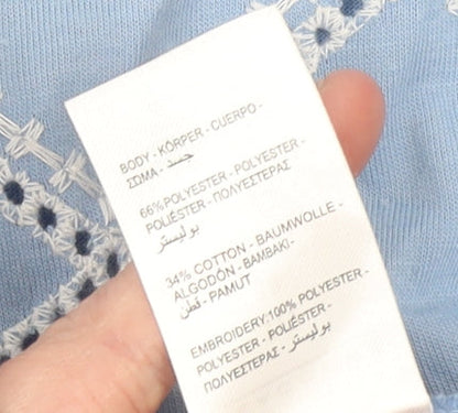 Peacocks Women Blue Embroidered Geometric Short Sleeve T-Shirt UK 10