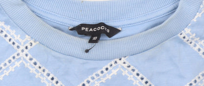 Peacocks Women Blue Embroidered Geometric Short Sleeve T-Shirt UK 10